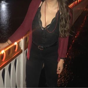 Maroon Long Red Cardigan Gold Buttons